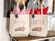 Load image into Gallery viewer, Valentines Day Tote bag | Personalized Valentines Day bag | Canvas Tote Bag | Plaid Truck bag |Hearts Gift Bag |Buffalo Plaid Bag Childs Bag