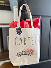 Load image into Gallery viewer, Valentines Day Tote bag | Personalized Valentines Day bag | Canvas Tote Bag | Plaid Truck bag |Hearts Gift Bag |Buffalo Plaid Bag Childs Bag