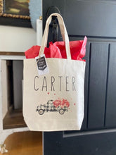 Load image into Gallery viewer, Valentines Day Tote bag | Personalized Valentines Day bag | Canvas Tote Bag | Plaid Truck bag |Hearts Gift Bag |Buffalo Plaid Bag Childs Bag