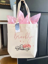 Load image into Gallery viewer, Valentines Day Tote bag | Personalized Valentines Day bag | Canvas Tote Bag | Plaid Truck bag |Hearts Gift Bag |Buffalo Plaid Bag Childs Bag