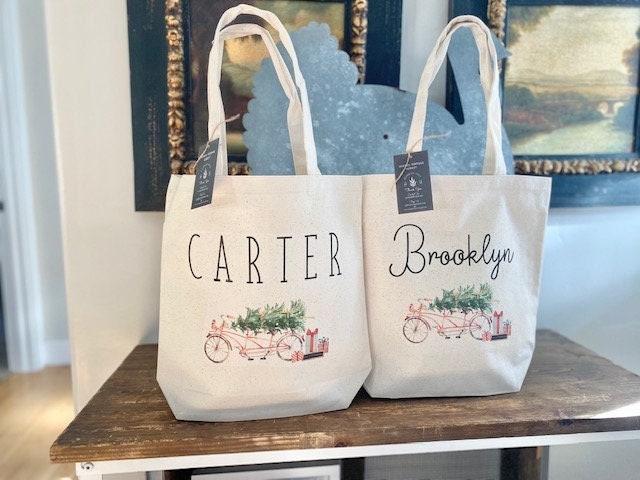 Vintage Christmas Tote bag|Personalized Christmas bag|Canvas Tote Bag|Plaid Christmas bag|Holiday Gift Bag|Childs Christmas Bag