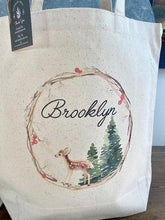 Load image into Gallery viewer, Vintage Deer Christmas Tote bag|Personalized Christmas bag|Canvas Tote Bag|Plaid Christmas bag|Holiday Gift Bag|Childs Christmas Bag
