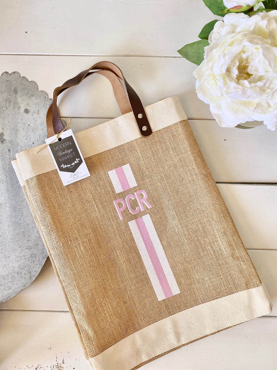 Personalized Burlap Tote Bag with Initial